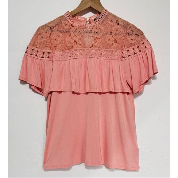 Cable & Gauge Tops - Cable & Gauge Peach Lace Yoke Top   Size S